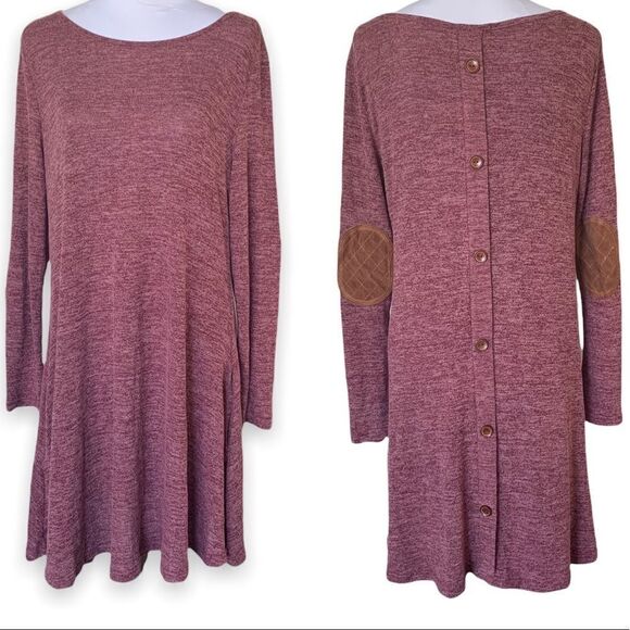 Boutique burgundy long sleeve tunic dress with elbow pads and button detail NEW - Picture 1 of 6